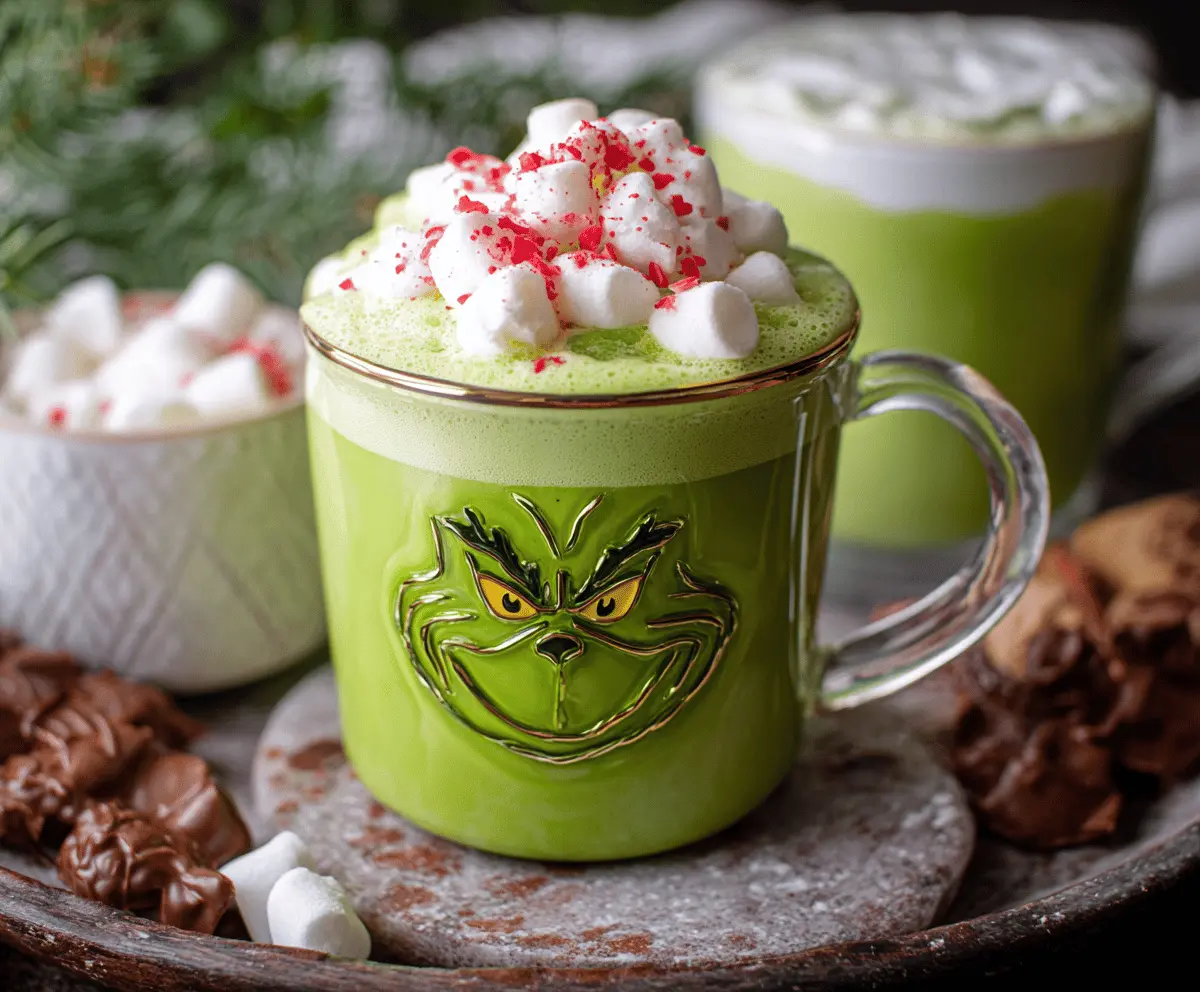 Festive Grinch-themed hot chocolate in a mug with green and red decorations.