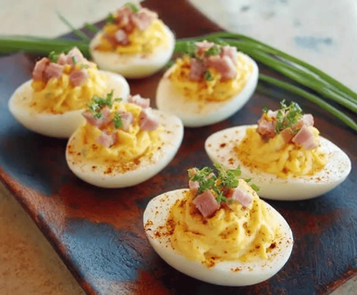 Delicious ham deviled eggs garnished with herbs on a white plate