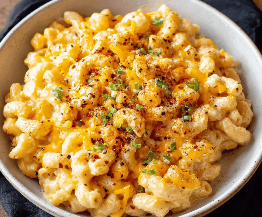 Creamy high protein mac and cheese dish topped with cheese and herbs for a nutritious meal.