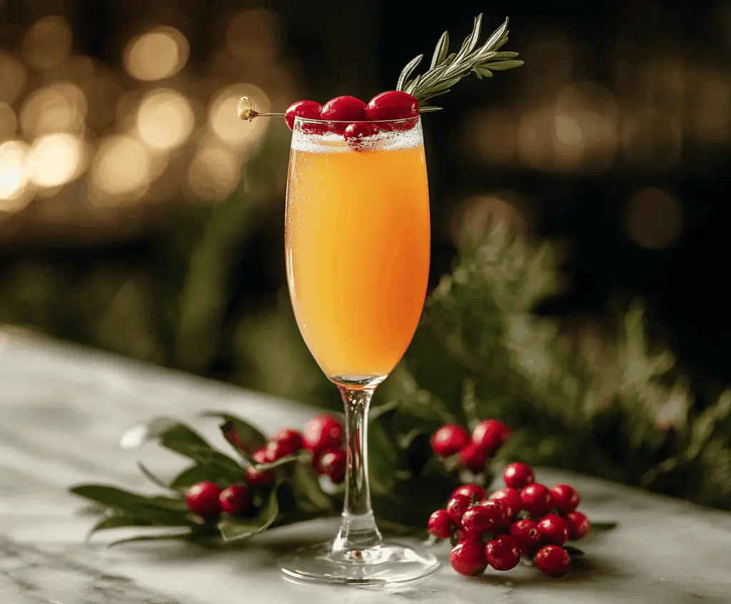 Festive Holly Jolly Mimosa with fresh orange slices and holiday garnishes for Christmas brunch