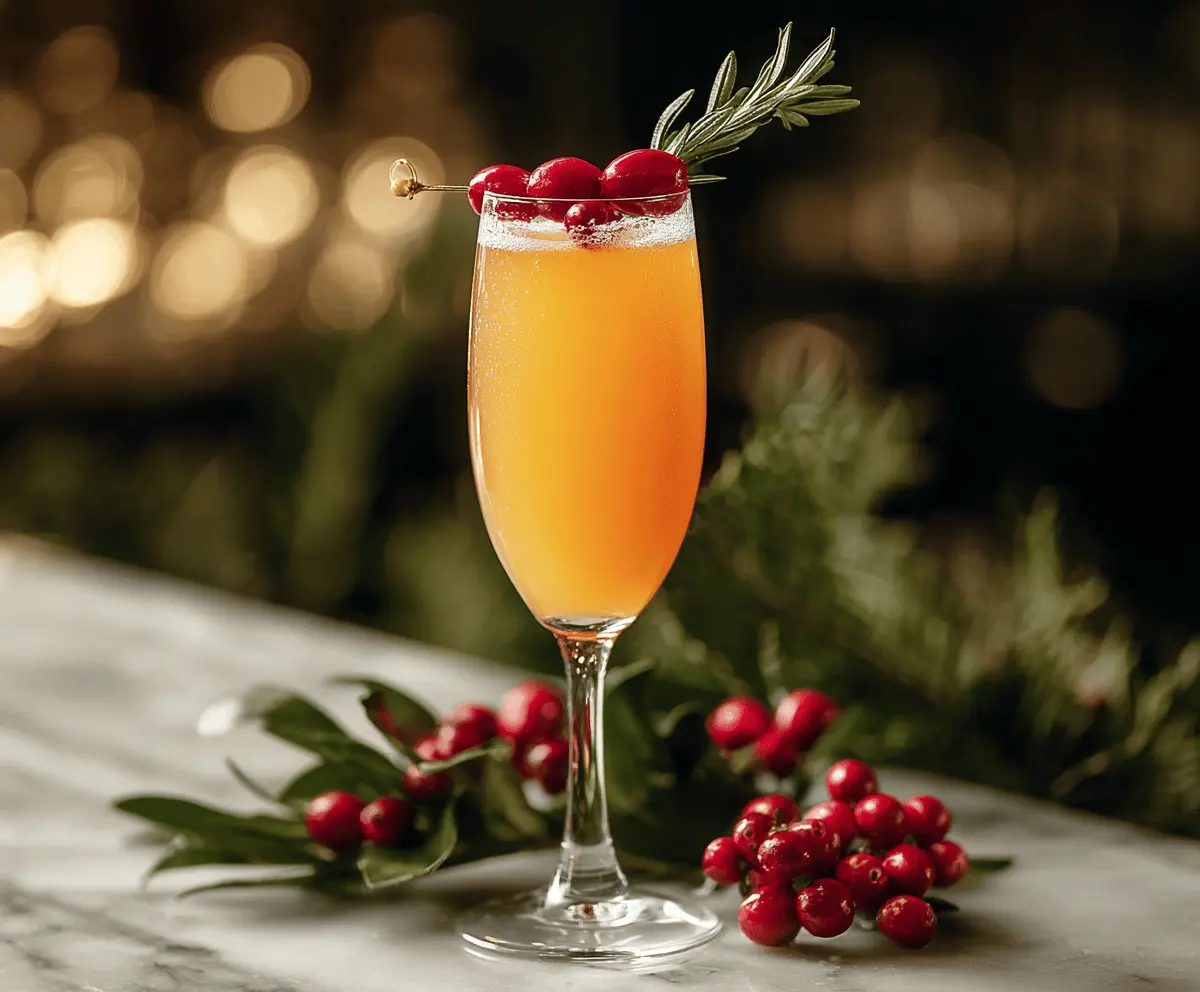 Festive Holly Jolly Mimosa with fresh orange slices and holiday garnishes for Christmas brunch