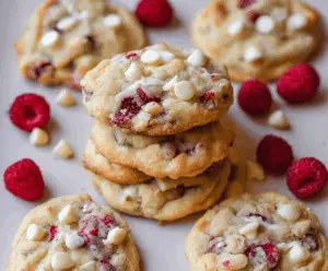 Creamy homemade white chocolate raspberry cheesecake cookies on a decorative plate