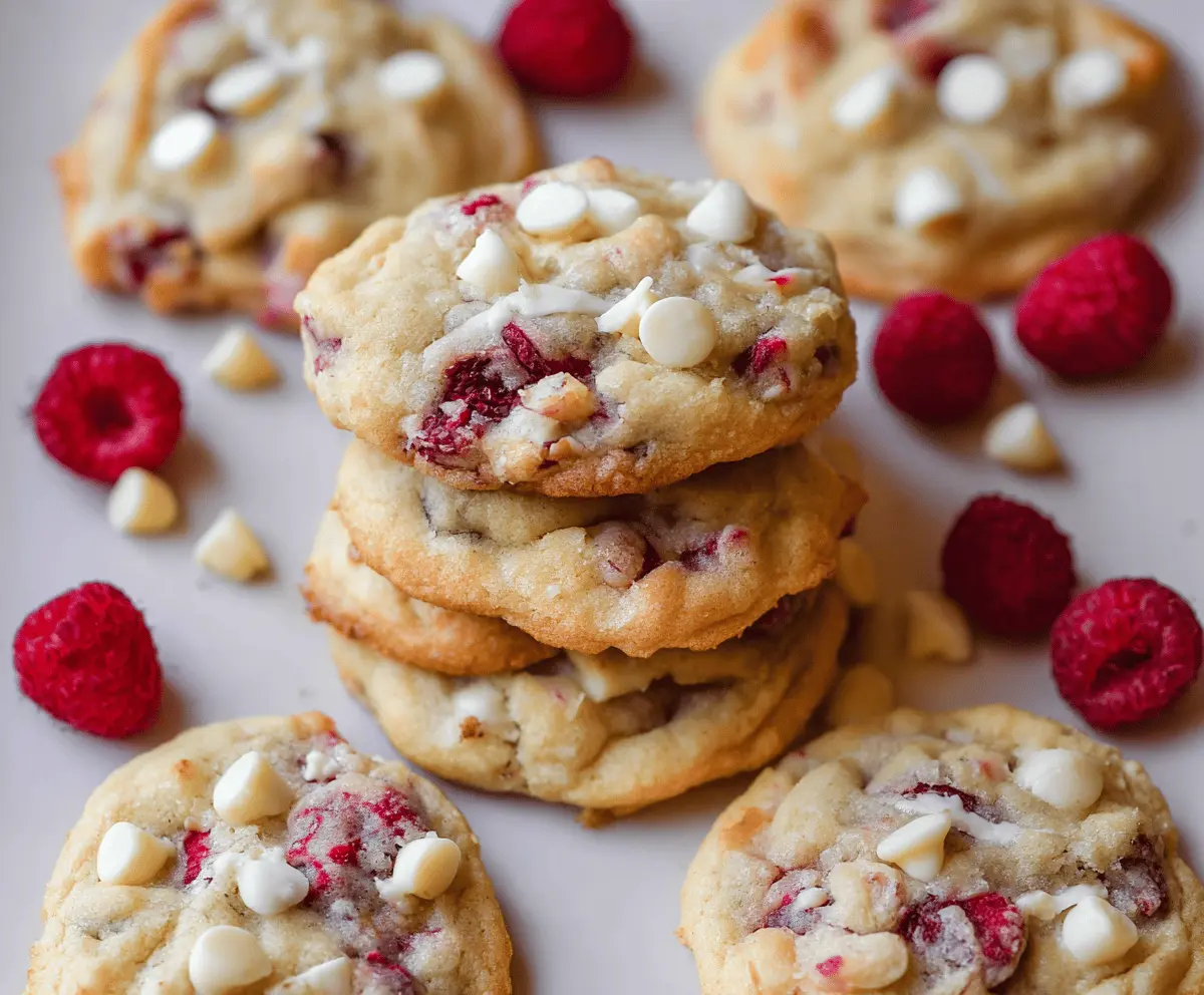 Creamy homemade white chocolate raspberry cheesecake cookies on a decorative plate