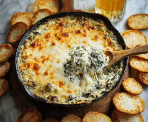 Creamy hot spinach and artichoke dip served with crispy chips for a delicious appetizer.