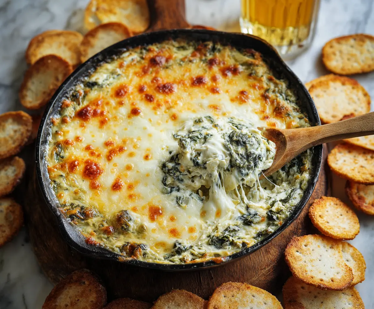 Creamy hot spinach and artichoke dip served with crispy chips for a delicious appetizer.
