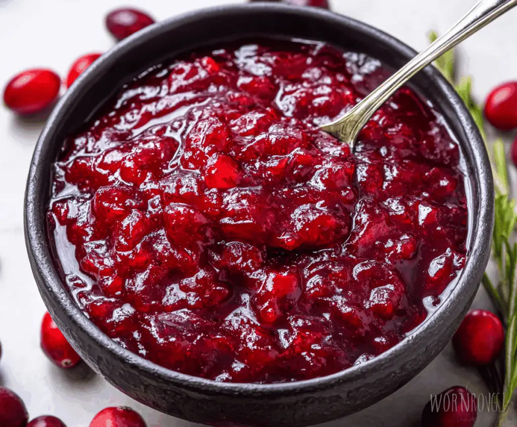 Delicious homemade keto cranberry sauce with fresh berries and a glossy finish for holiday meals.