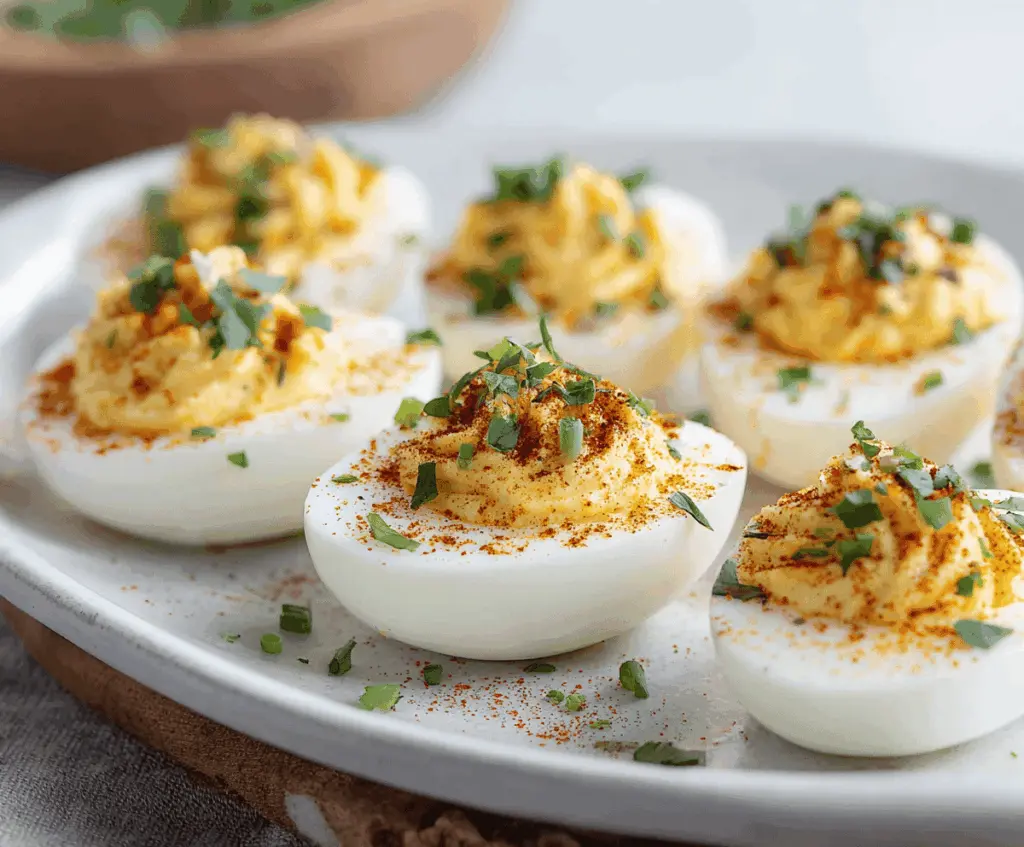 Keto deviled eggs with creamy filling and paprika garnish on a white plate
