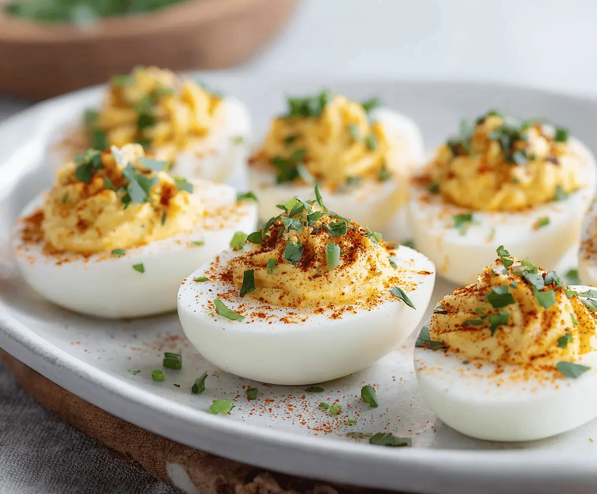 Keto deviled eggs with creamy filling and paprika garnish on a white plate