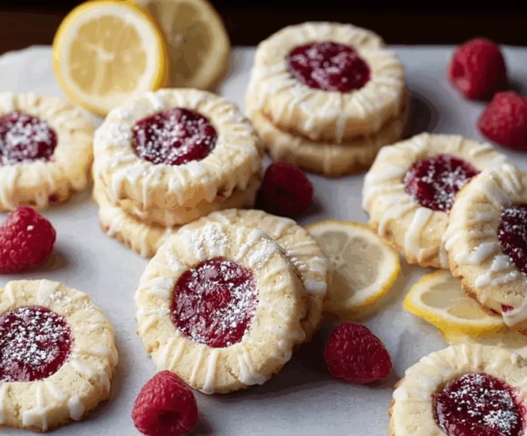 Delicious Lemon Raspberry Shortbread Cookies garnished with fresh raspberries and lemon zest on a rustic plate.