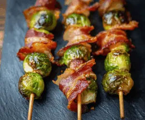 Delicious Maple Bacon Brussels Sprout Skewers on a serving platter, showcasing crispy bacon and caramelized Brussels sprouts for a savory appetizer.