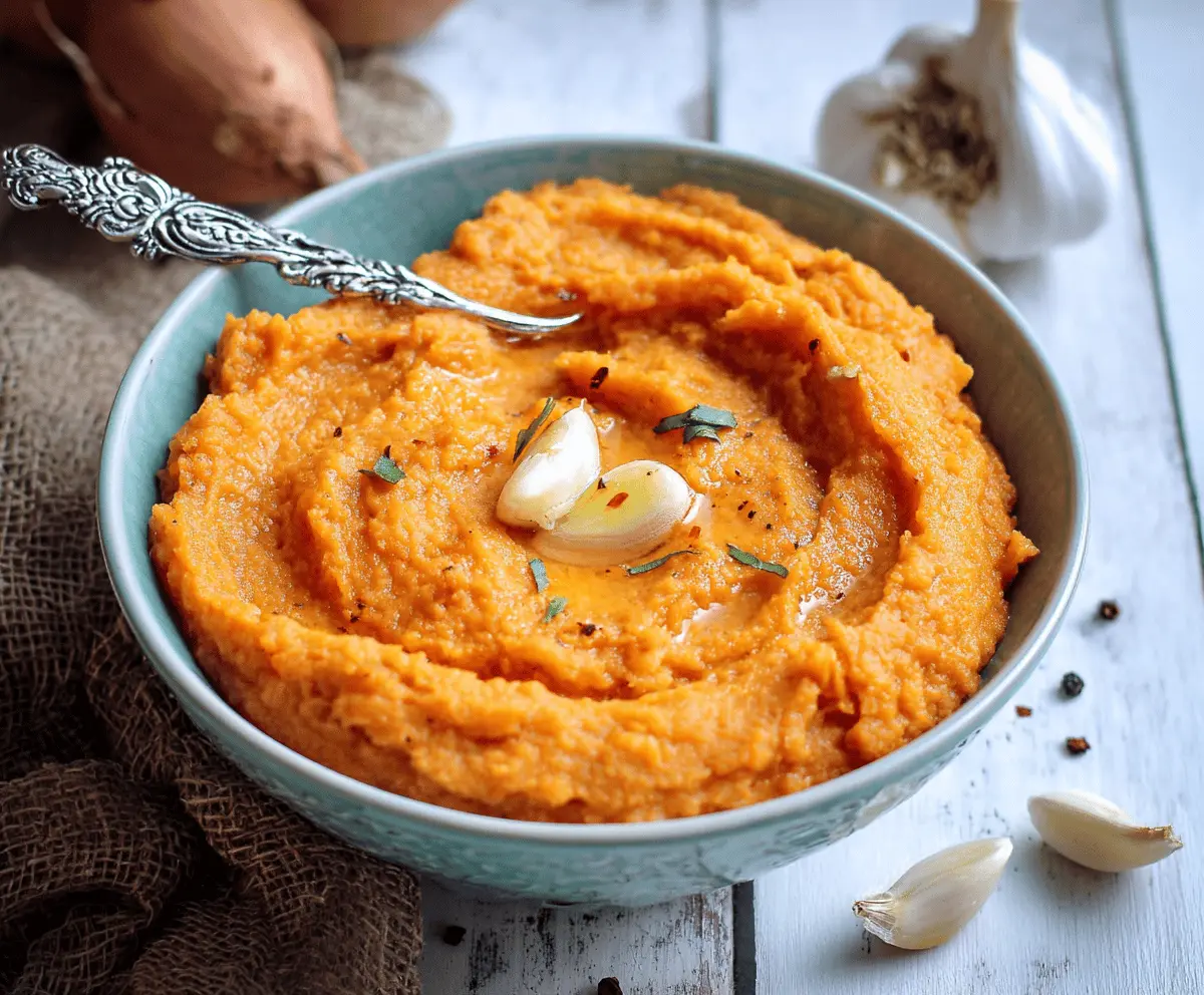 Creamy mashed sweet potatoes with garlic for a flavorful side dish.