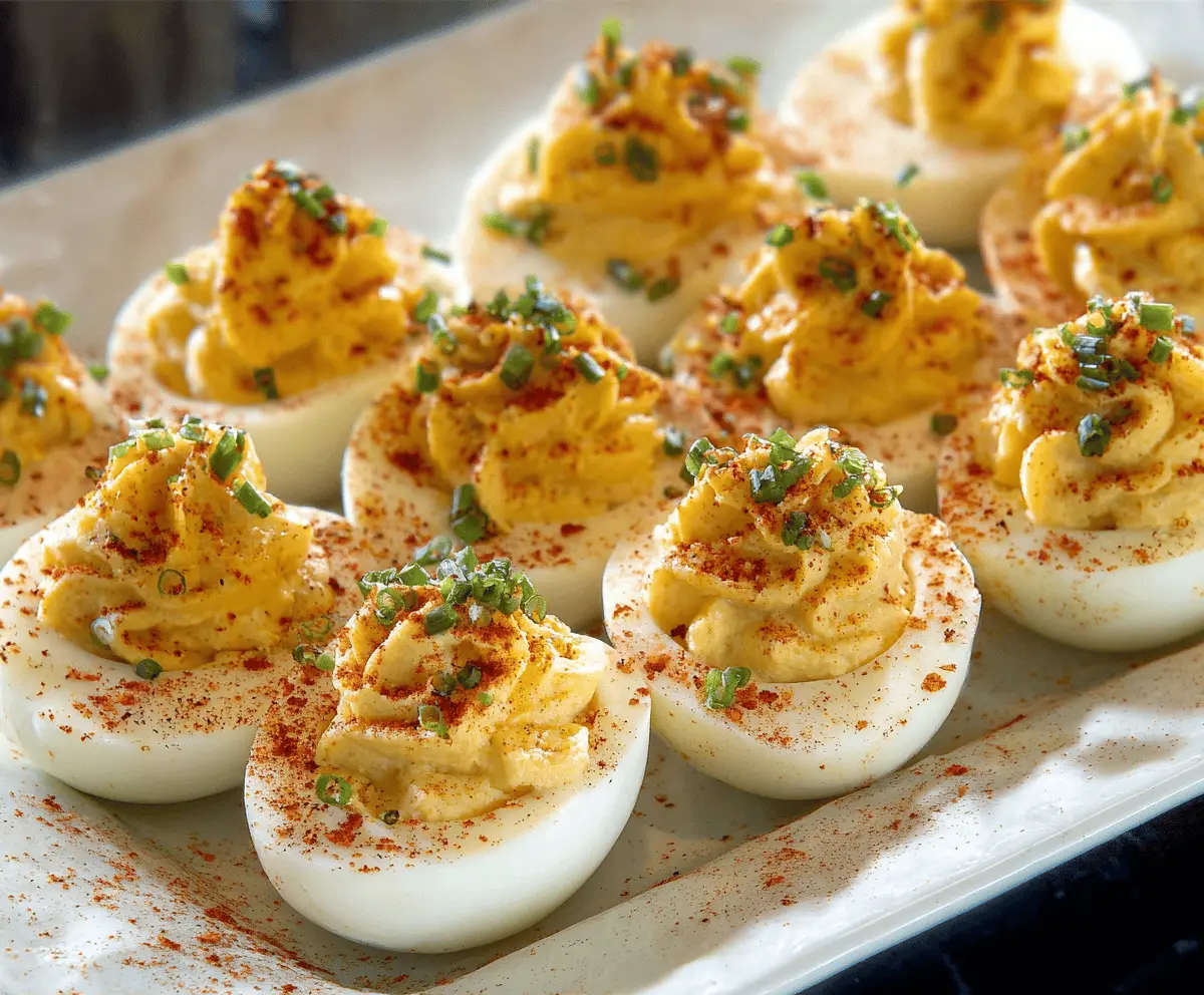 Delicious Million Dollar Deviled Eggs garnished with paprika and fresh herbs.