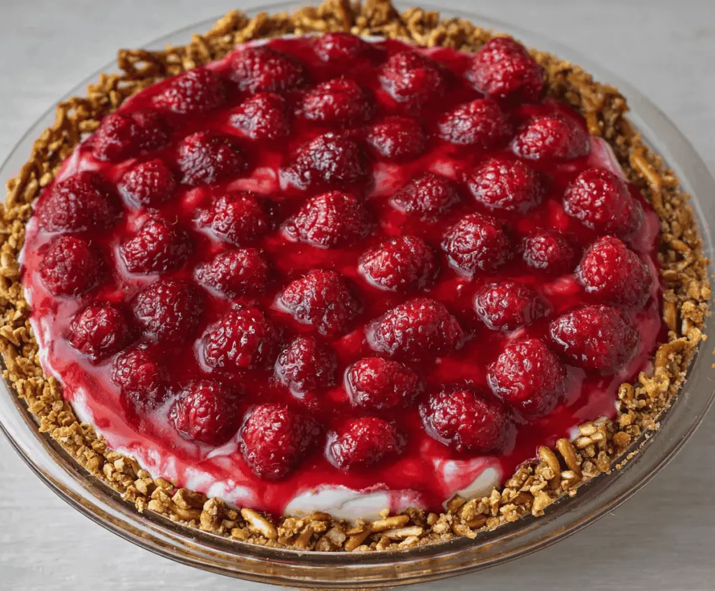 Delicious No-Bake Raspberry Pretzel Pie with fresh raspberries and crunchy pretzel crust.