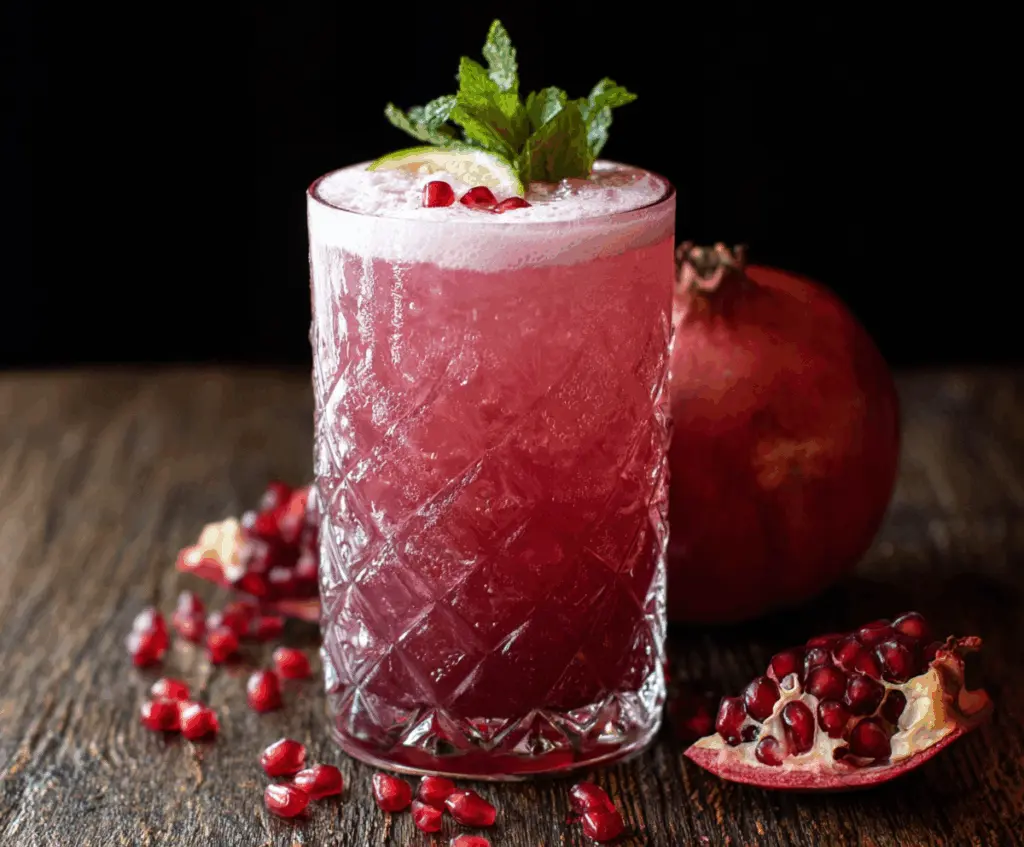 Refreshing Pomegranate Gin Fizz cocktail with sparkling soda and fresh pomegranate seeds.