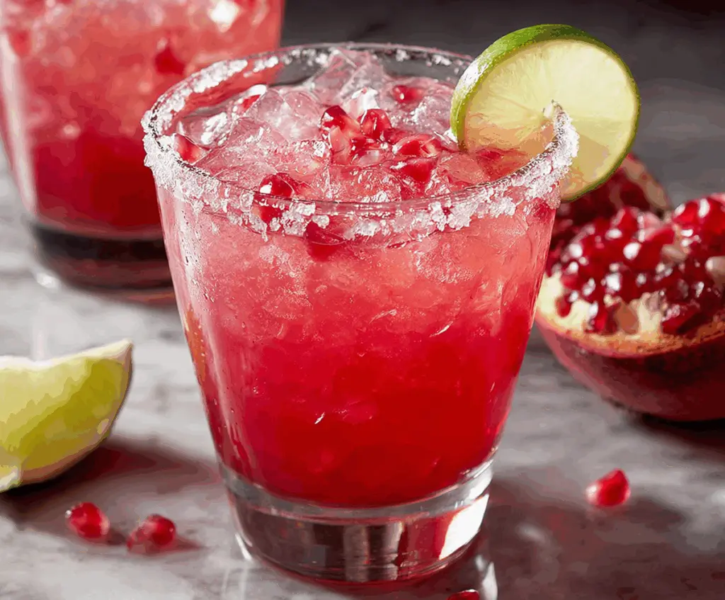 Refreshing Pomegranate Margarita cocktail with pomegranate seeds and lime slice