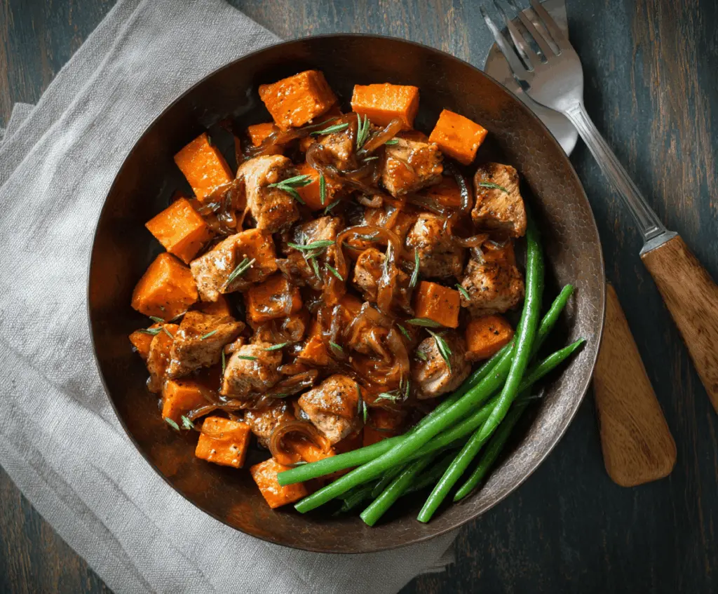 Delicious pork and sweet potato skillet served in a skillet pan, showcasing a colorful, savory dish perfect for a healthy dinner.