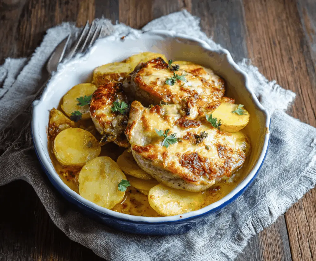 Delicious pork chops and potatoes casserole served on a plate, showcasing a hearty and flavorful meal.