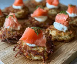 Delicious Potato Latke Bites topped with smoked salmon and fresh herbs, perfect for appetizer platters.