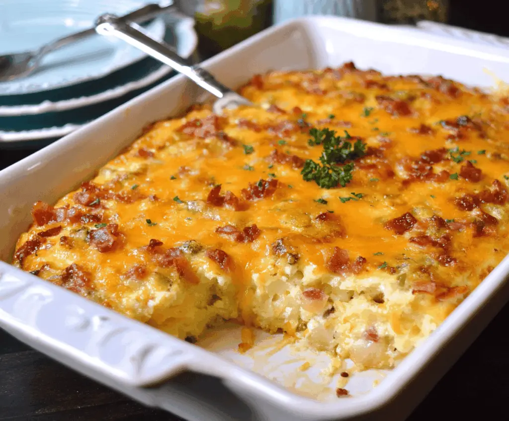 Delicious Potatoes O'Brien Breakfast Casserole topped with melted cheese and fresh herbs.