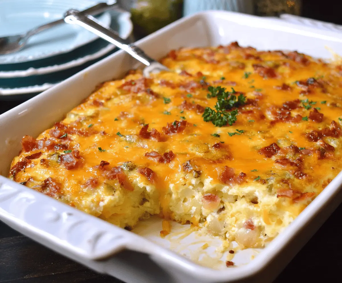 Delicious Potatoes O'Brien Breakfast Casserole topped with melted cheese and fresh herbs.