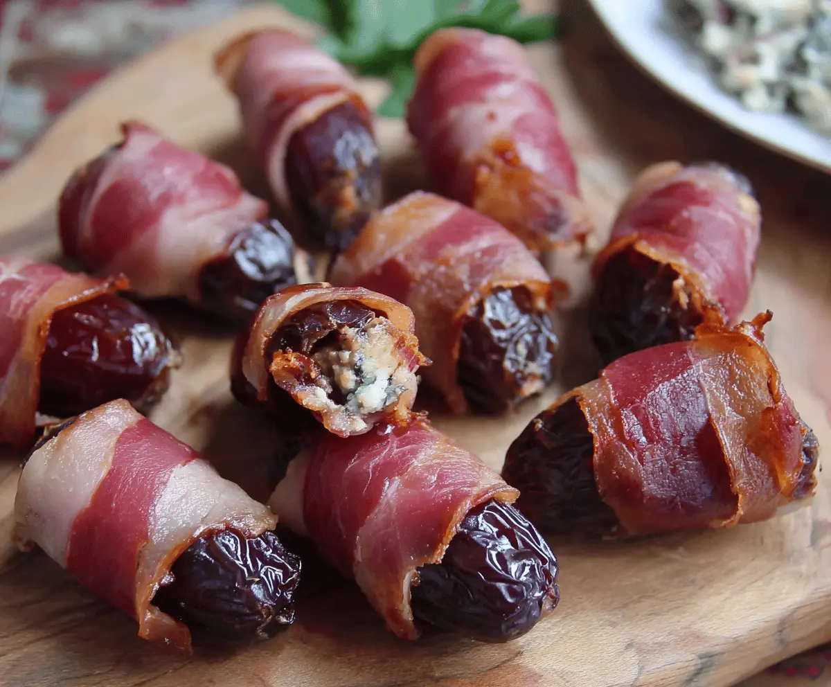 Delicious prosciutto-wrapped dates with a savory and sweet flavor combination.