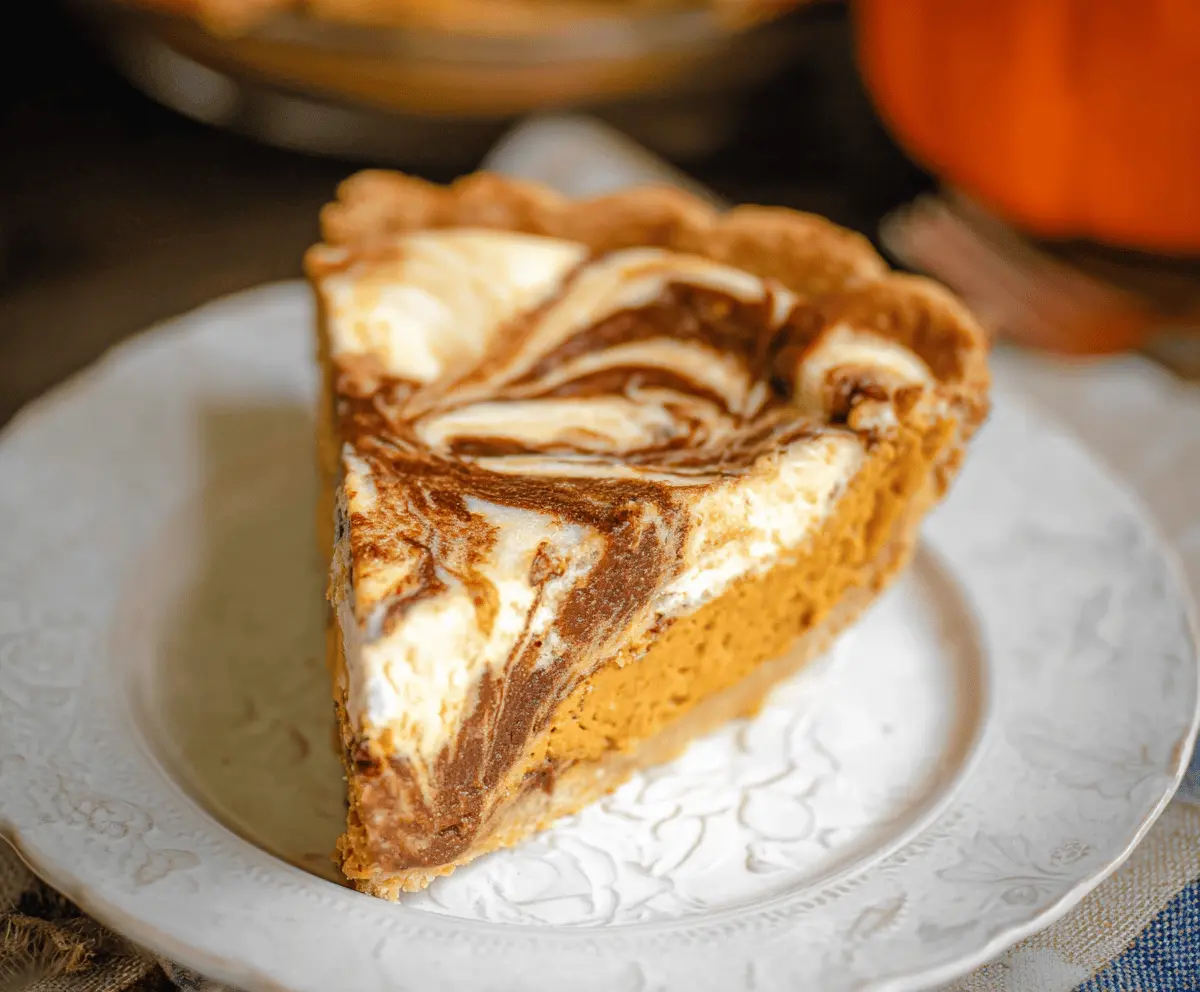 Delicious pumpkin cheesecake swirl pie with a creamy topping and a golden crust.