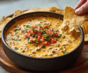 Creamy melted queso dip served with crispy tortilla chips, perfect for snacking.