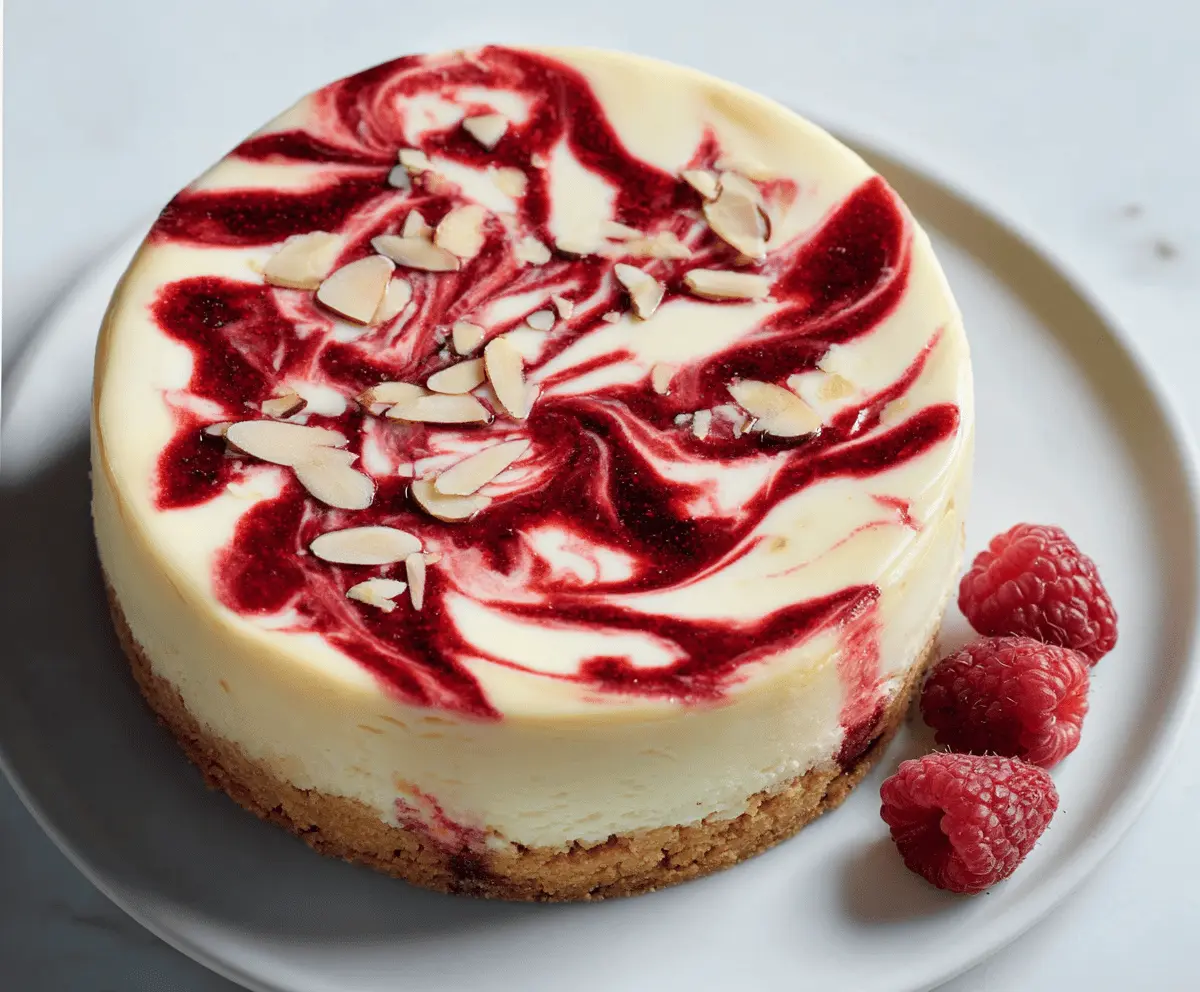 Delicious Raspberry Almond Cheesecake with fresh berries and almond garnish