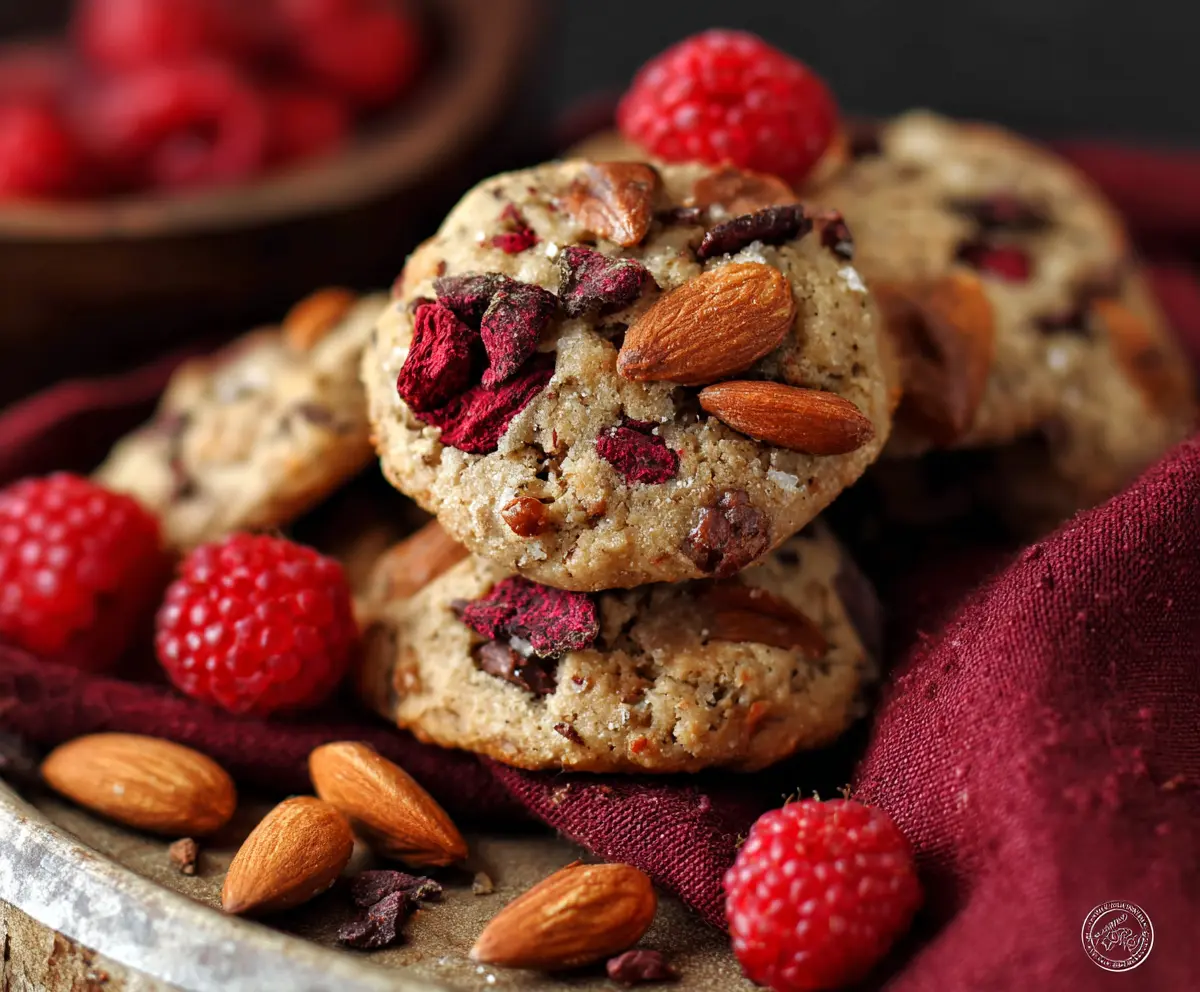Delicious Raspberry Almond Cookies topped with vibrant freeze-dried berries for a fruity dessert.