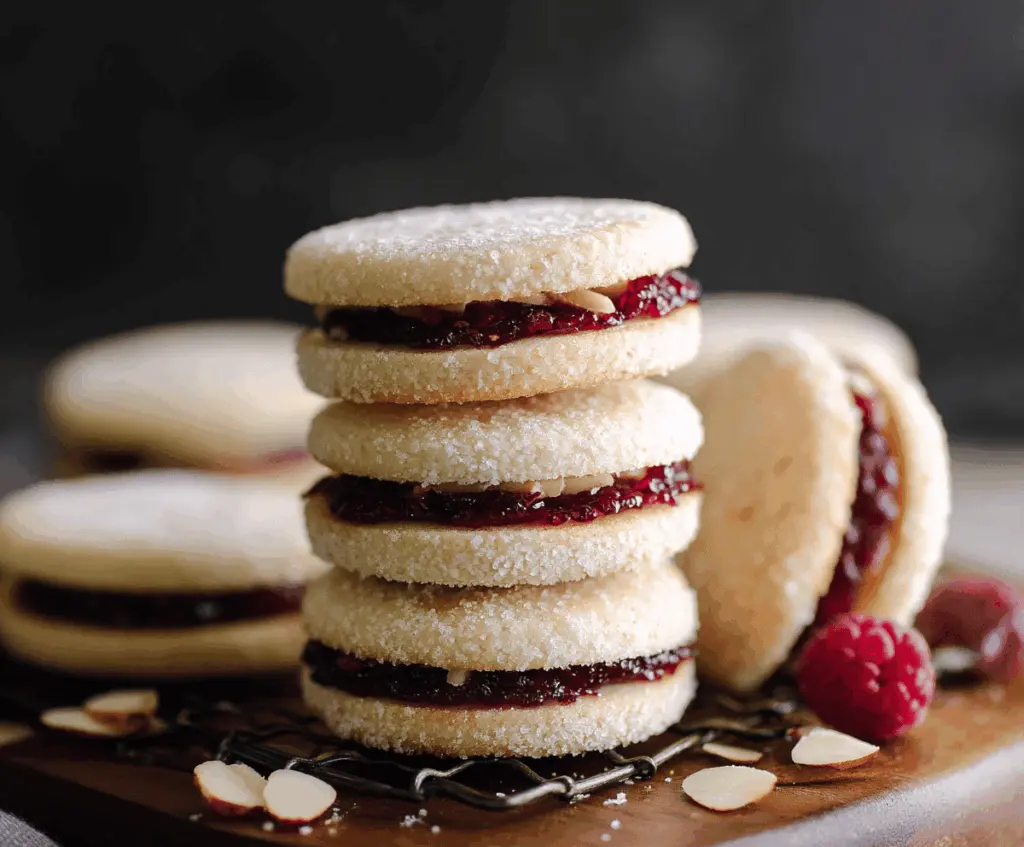 Delicious Raspberry Almond Sandwich Cookies with pink raspberry filling and almond cookies on a white plate.