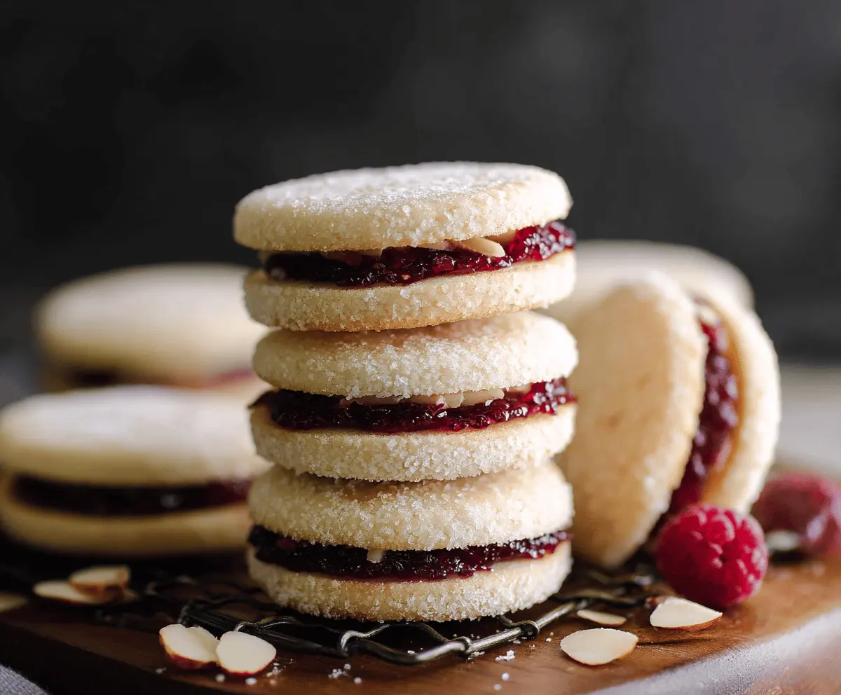 Delicious Raspberry Almond Sandwich Cookies with pink raspberry filling and almond cookies on a white plate.