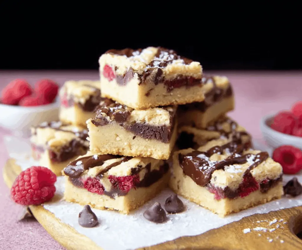 Delicious Raspberry Chocolate Chip Shortbread Bars on a wooden platter with fresh raspberries.