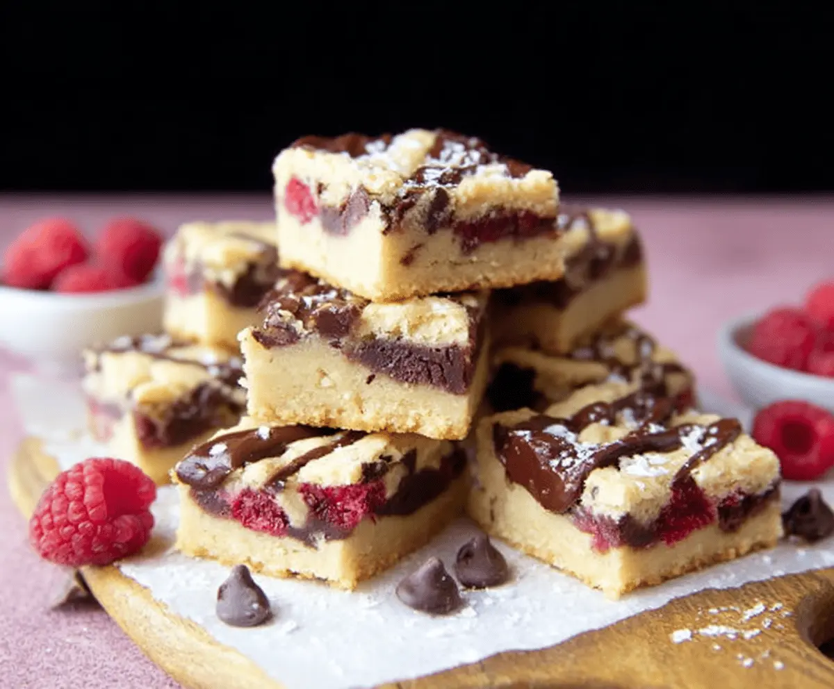 Delicious Raspberry Chocolate Chip Shortbread Bars on a wooden platter with fresh raspberries.