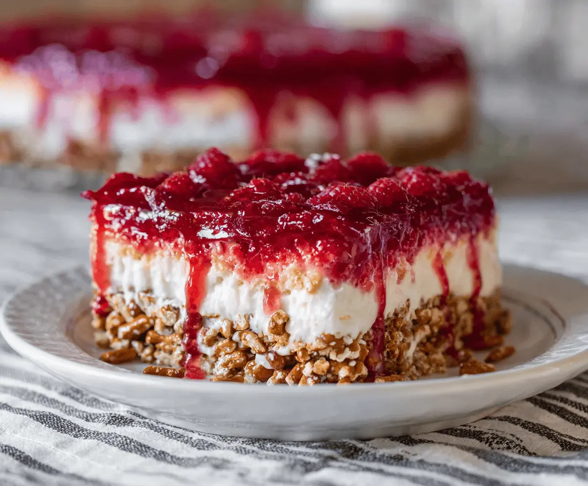 Delicious Raspberry Pretzel Salad Cake with fresh raspberries and a creamy topping on a decorative plate.