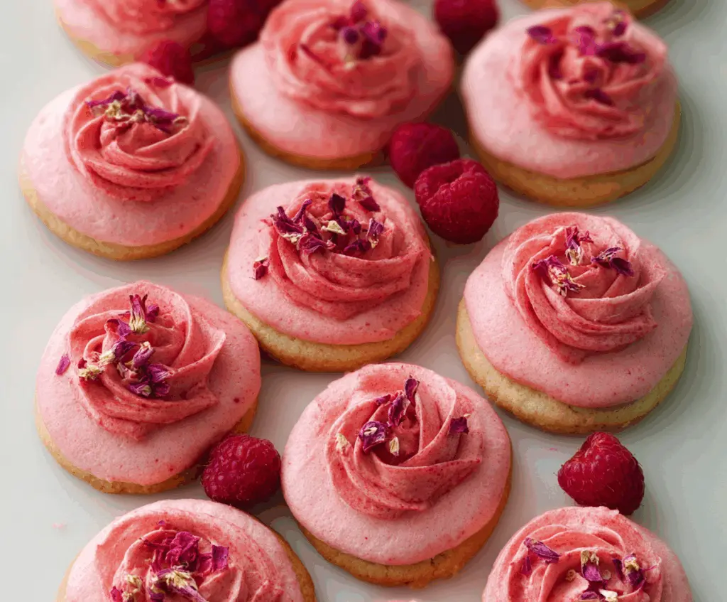 Delicious Raspberry Rose Cookies with pink frosting and floral decoration.