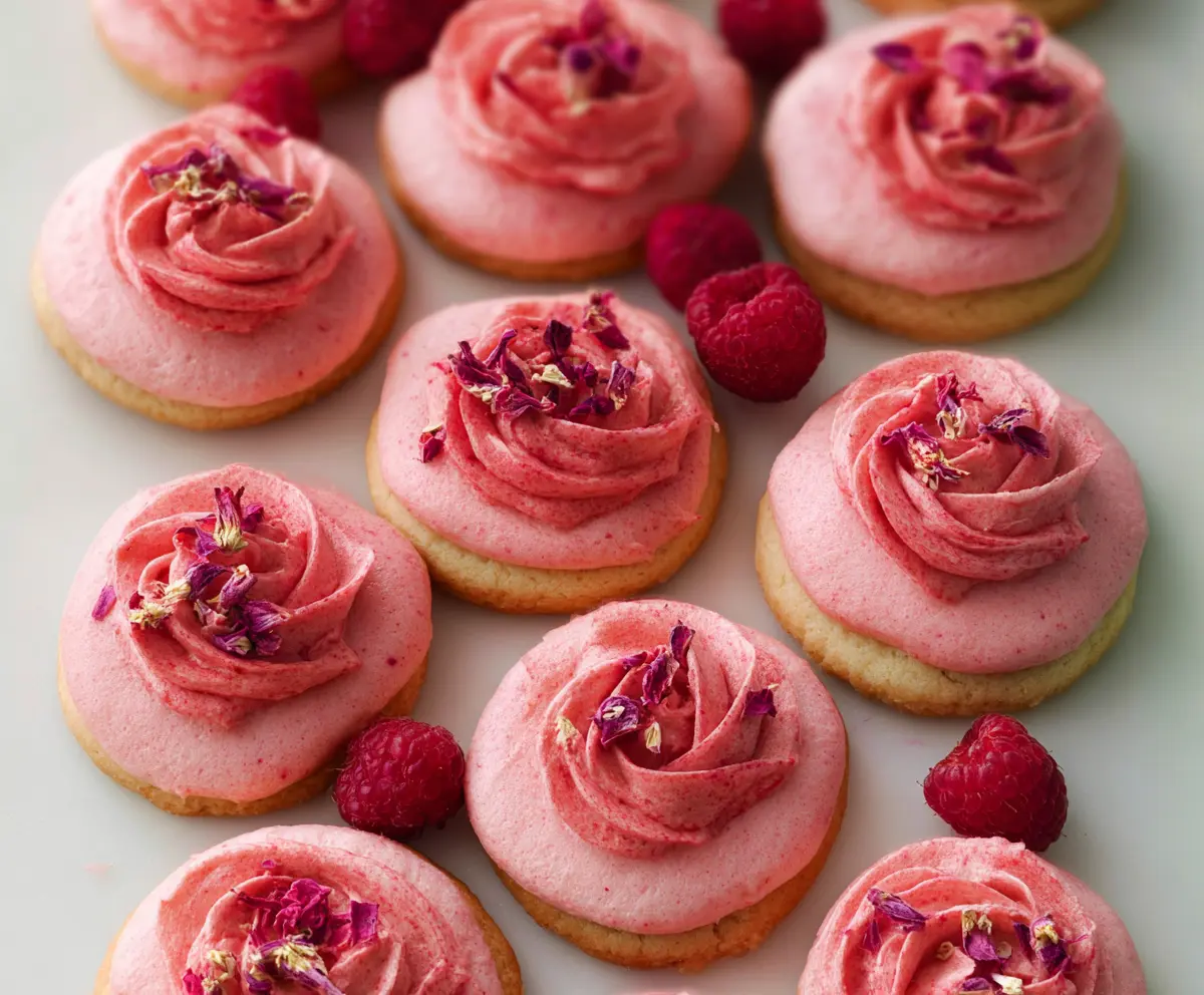 Delicious Raspberry Rose Cookies with pink frosting and floral decoration.