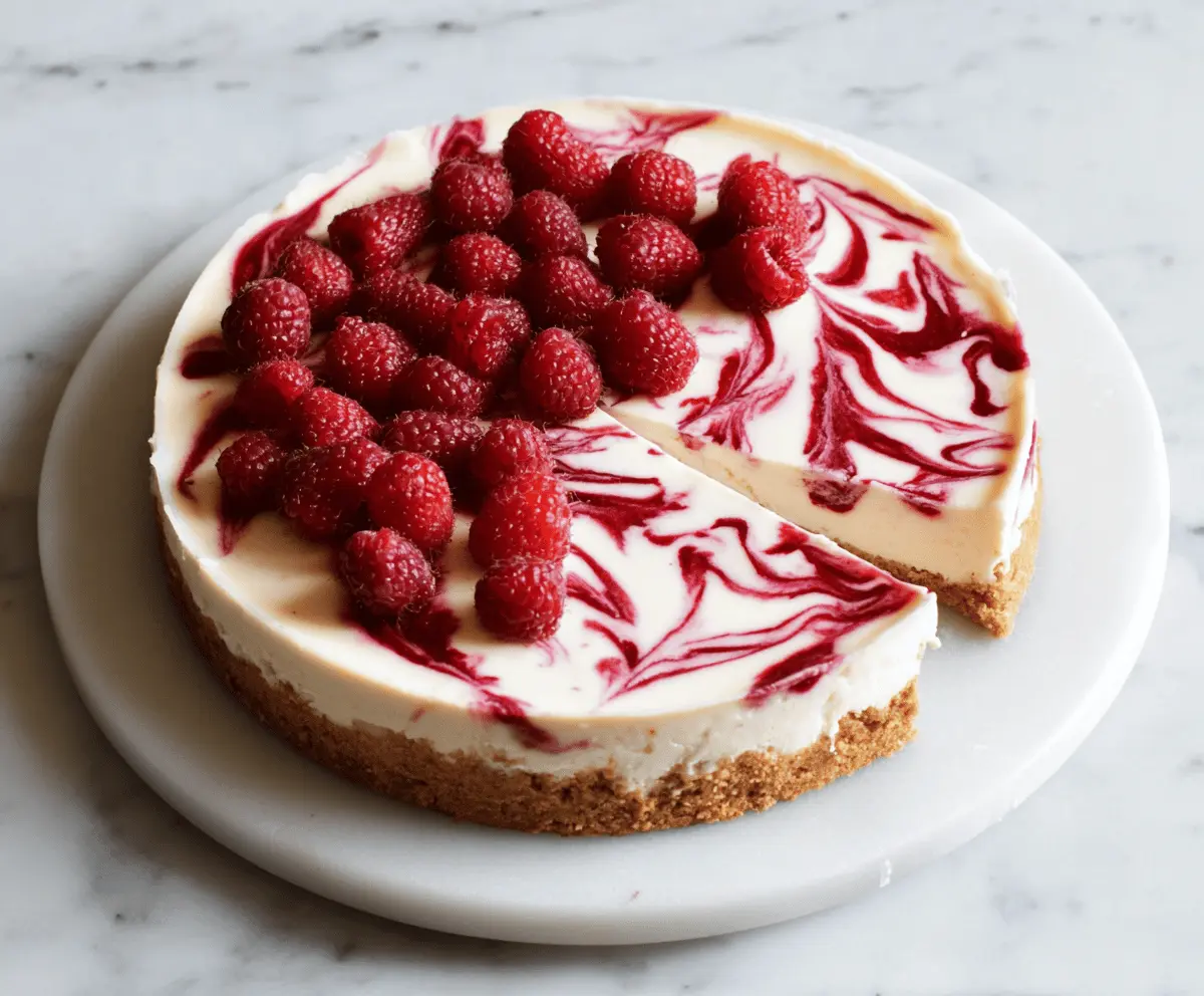 Delicious Raspberry Swirl Cheesecake with vibrant raspberry swirls on a creamy cheesecake base.