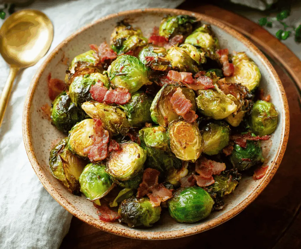 Delicious roasted Brussels sprouts topped with crispy bacon for a flavorful side dish.