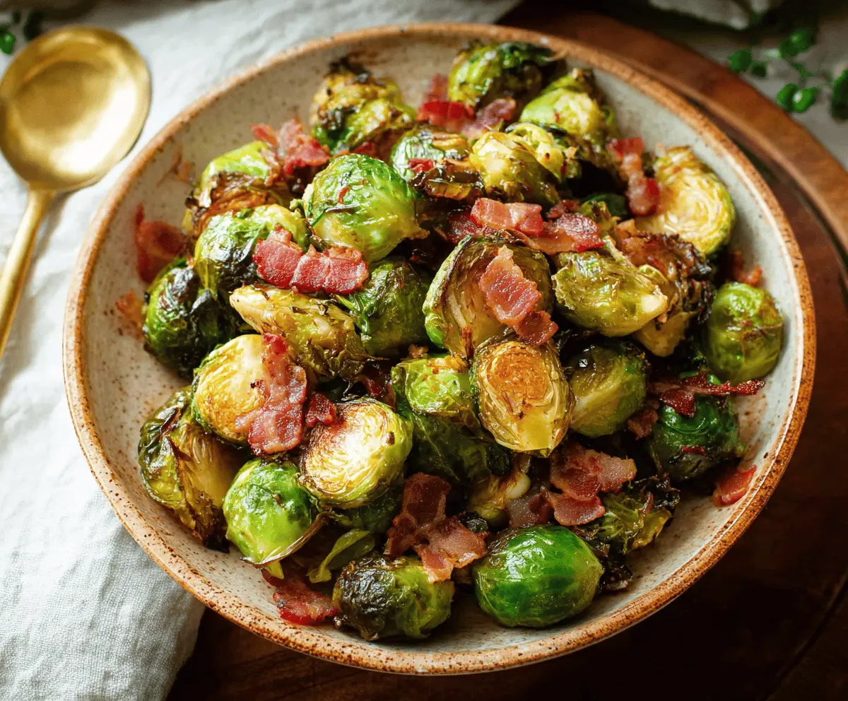 Delicious roasted Brussels sprouts topped with crispy bacon for a flavorful side dish.