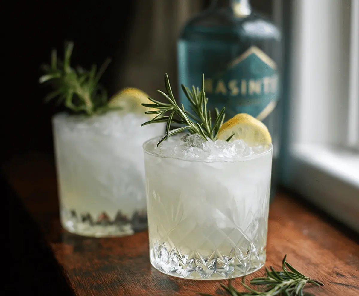 Refreshing Rosemary Gin Fizz cocktail garnished with fresh rosemary sprig and lemon wedge.