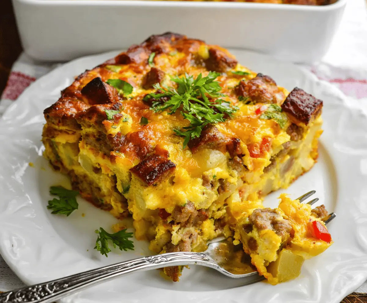 Delicious sausage egg potato breakfast casserole with melted cheese and fresh herbs