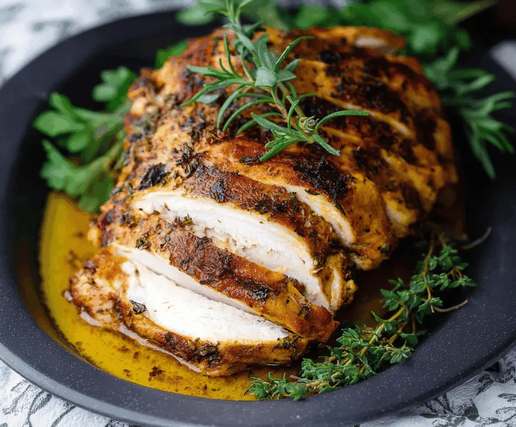 Juicy slow cooker turkey breast garnished with herbs on a platter.