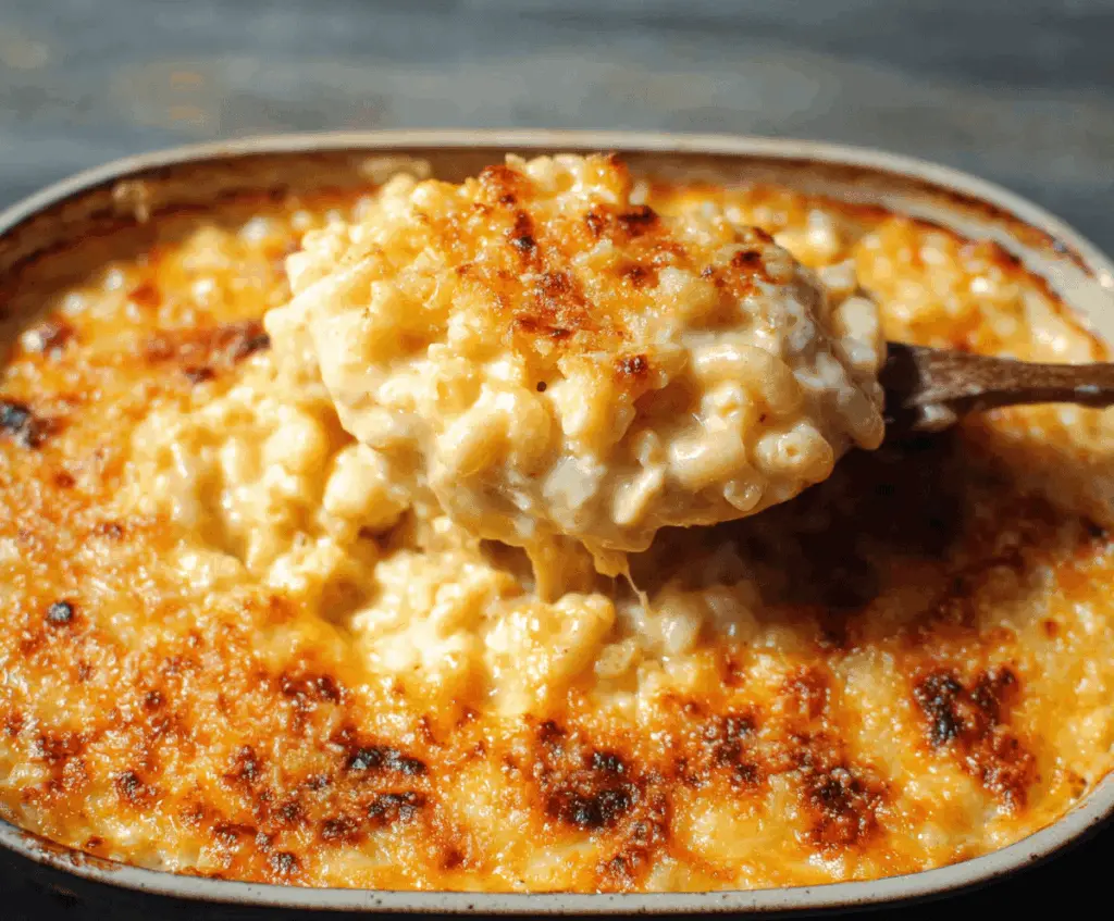 Creamy Southern Baked Mac and Cheese with golden crust, perfect comfort food.