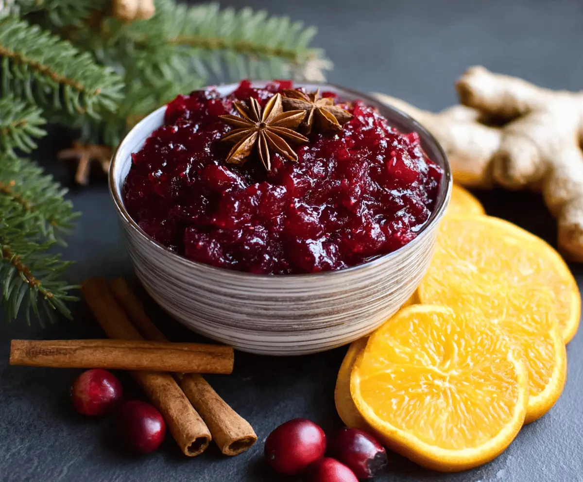 Bright and delicious spiced cranberry sauce with orange and ginger for festive holidays