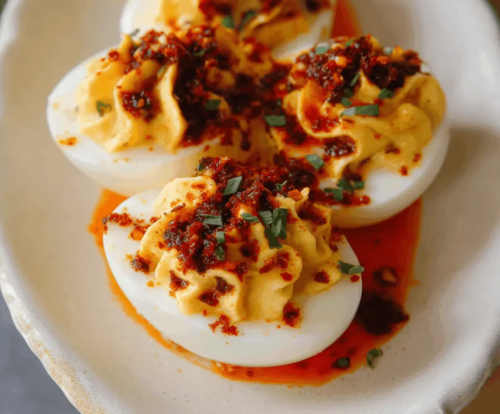 Spicy chili garlic deviled eggs garnished with herbs on a plate