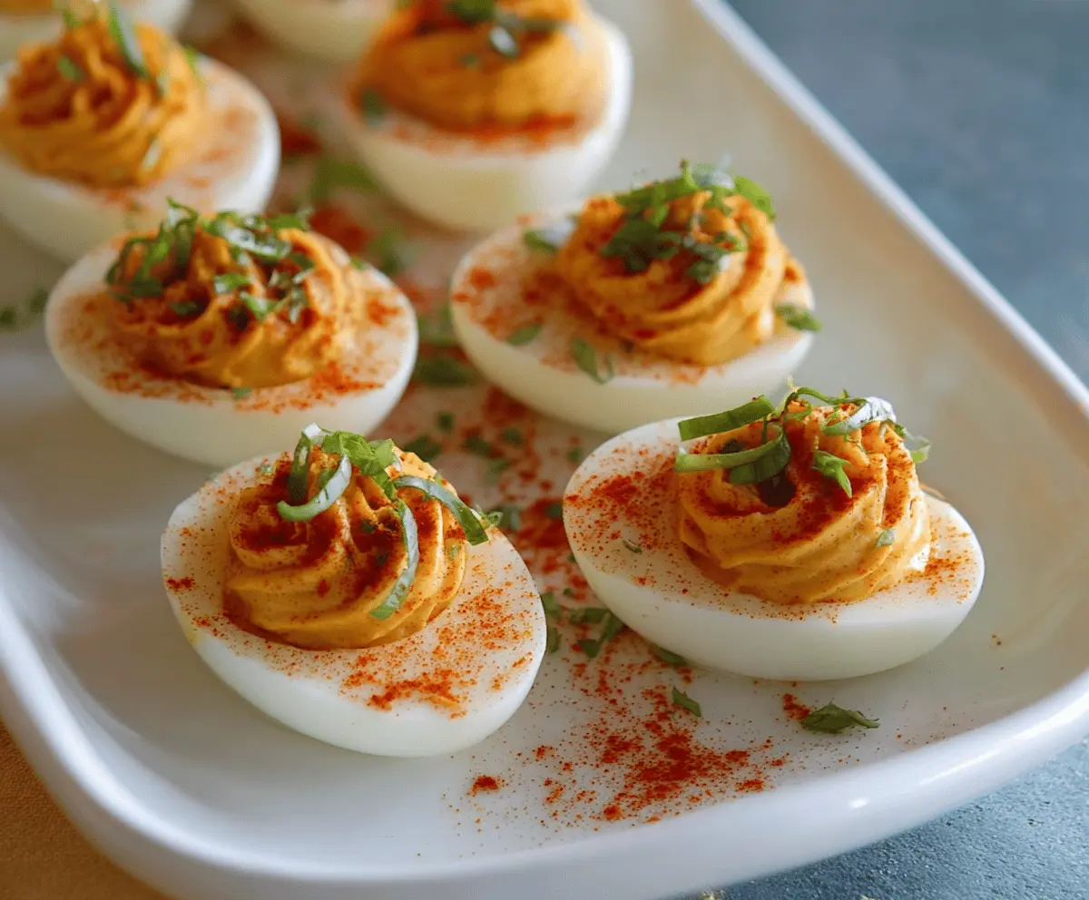 Spicy Sriracha Deviled Eggs garnished with chives on a white plate