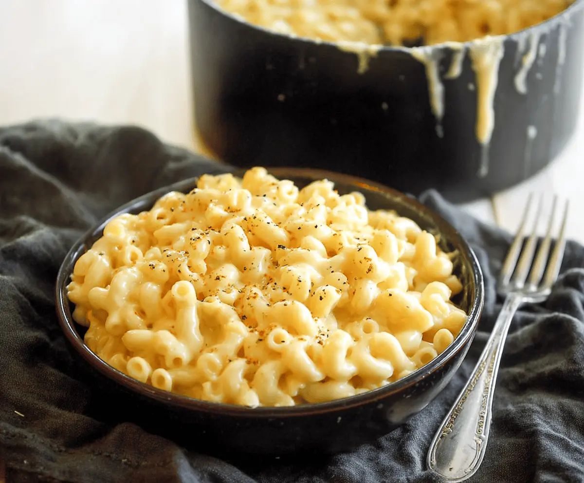 Creamy stovetop mac and cheese served in a bowl with melted cheese on top.