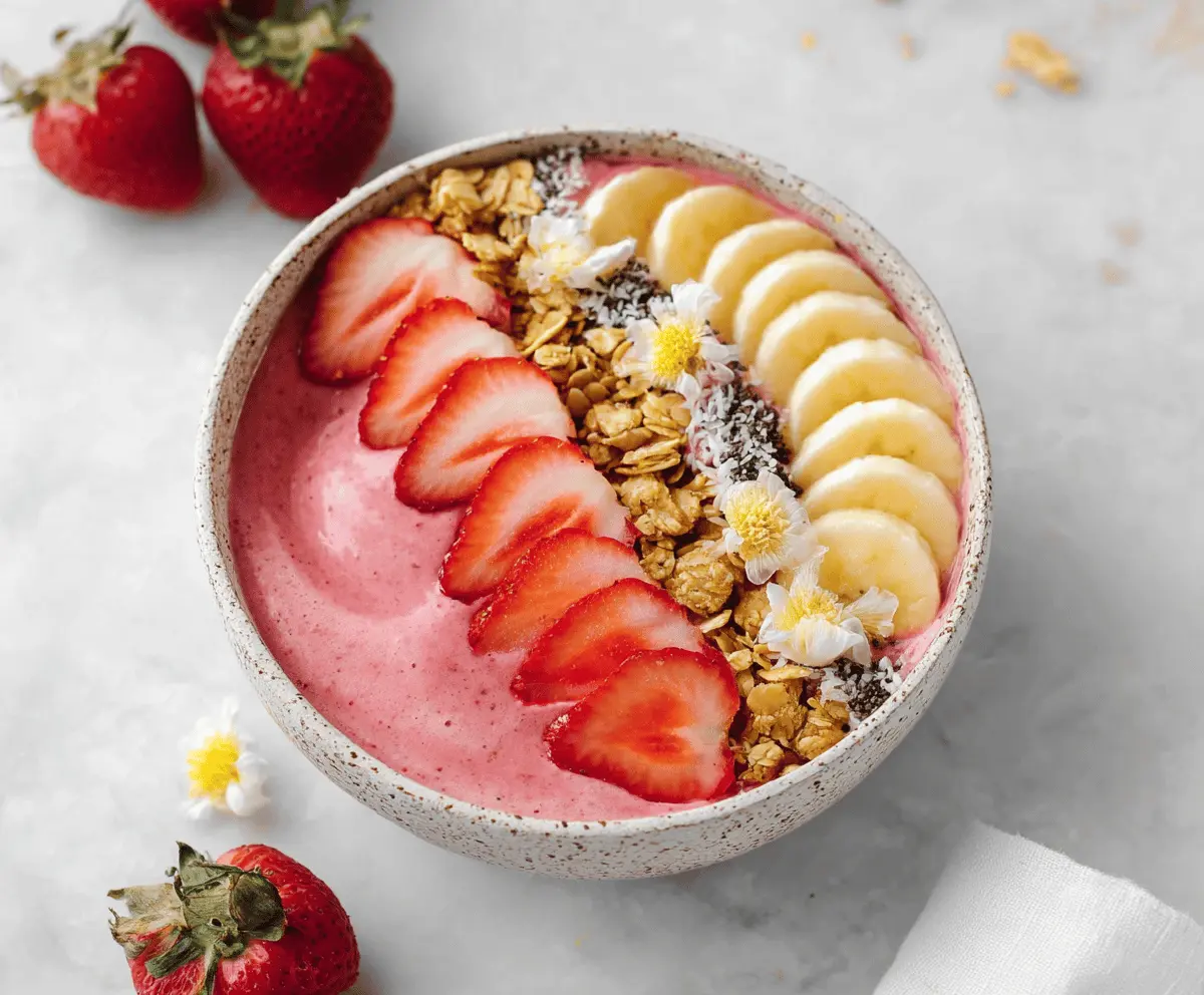Delicious strawberry banana smoothie bowl topped with fresh fruit and granola