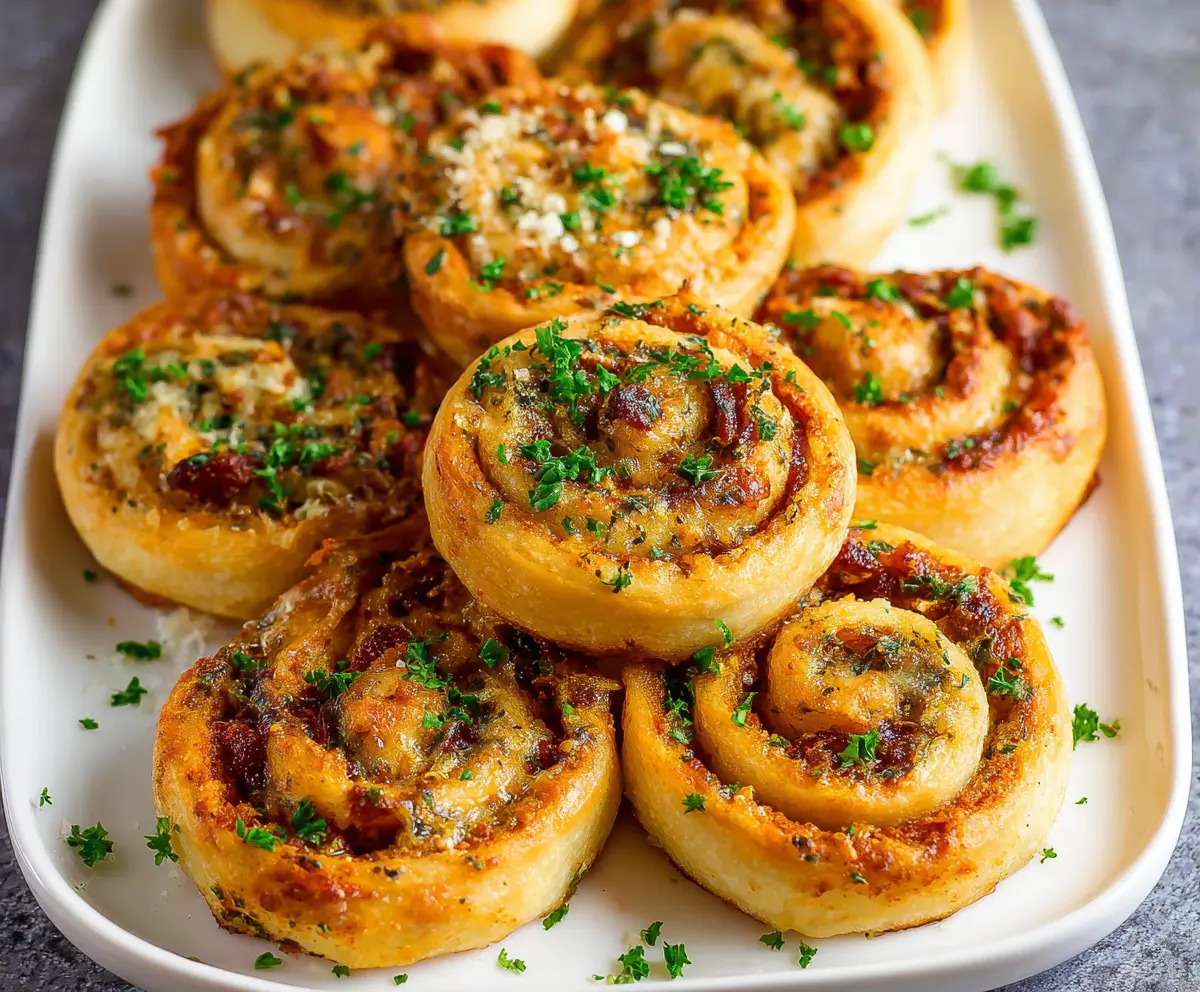 Delicious Sun-Dried Tomato Pesto Pinwheels sliced and served on a white platter