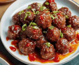 Delicious sweet and spicy homemade meatballs served on a plate with a side of vegetables.